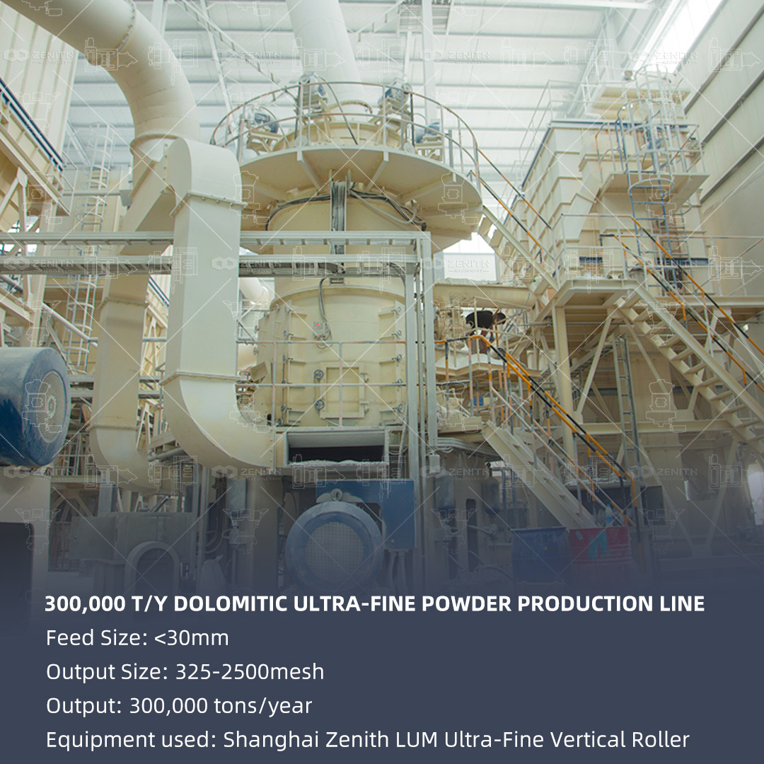 Layout diagram of a complete 180t/h limestone powder production line showing crusher, conveyor, vertical mill, classifier, and dust collector system.